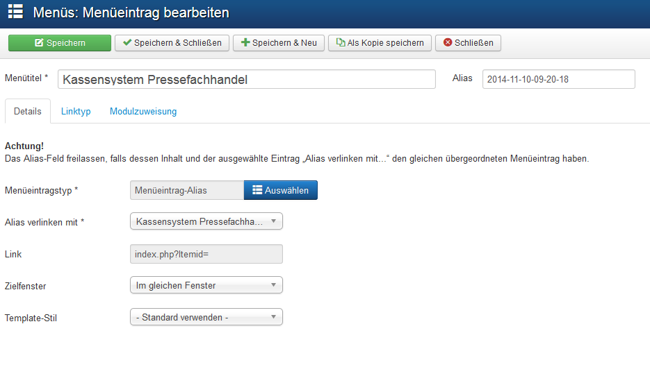 Menüeintrag Alias