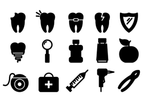 Verschiedene Icons aus dem Bereich der Zahnmedizin: Zähne, Bohrer etc.